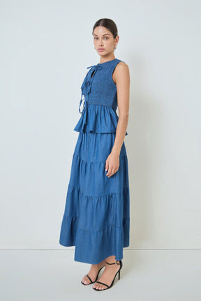 MARSY - Denim Smocked Peplum Top - TOPS available at Objectrare