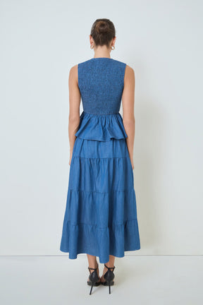 MARSY - Denim Smocked Peplum Top - TOPS available at Objectrare