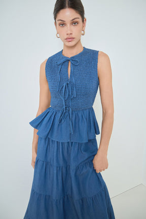MARSY - Denim Smocked Peplum Top - TOPS available at Objectrare