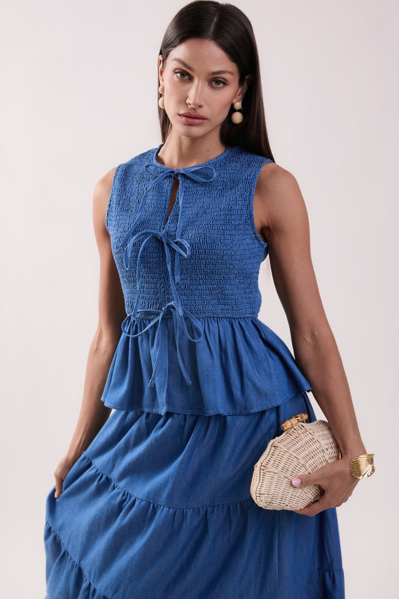 MARSY - Denim Smocked Peplum Top - TOPS available at Objectrare