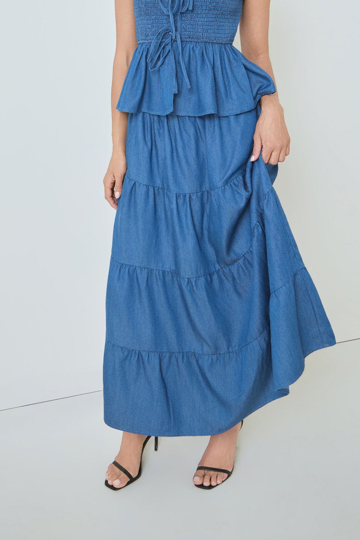 MARSY - Tiered Denim Maxi Skirt - SKIRTS available at Objectrare