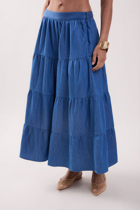 MARSY - Tiered Denim Maxi Skirt - SKIRTS available at Objectrare