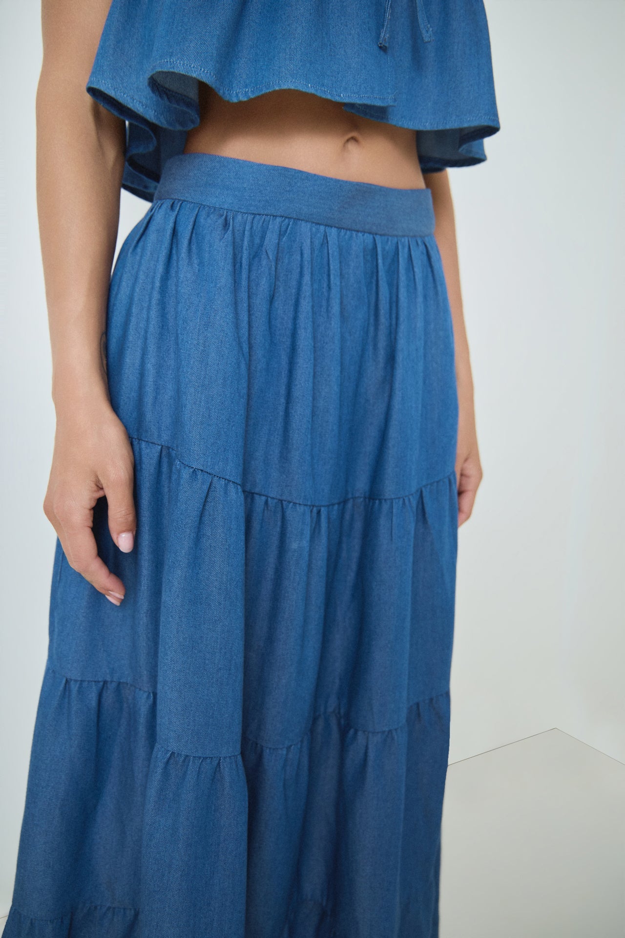 MARSY - Tiered Denim Maxi Skirt - SKIRTS available at Objectrare