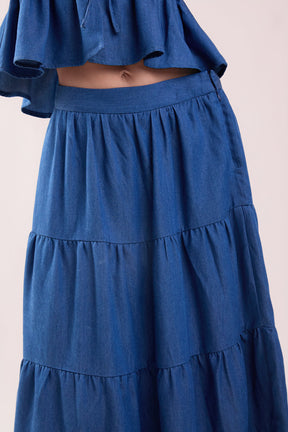 MARSY - Tiered Denim Maxi Skirt - SKIRTS available at Objectrare