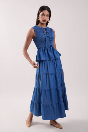 MARSY - Tiered Denim Maxi Skirt - SKIRTS available at Objectrare