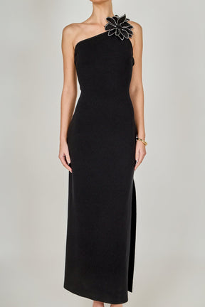 ENDLESS ROSE - Flower Detail One Shoulder Knit Maxi Dress - DRESSES available at Objectrare