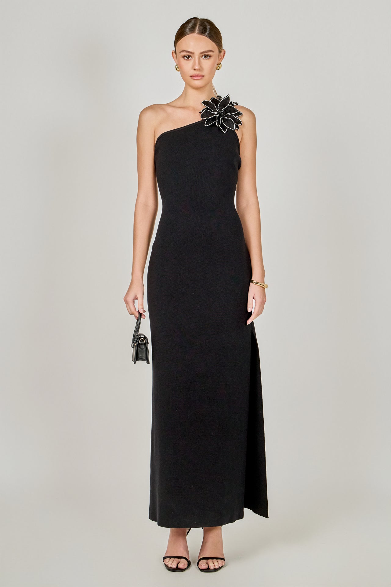ENDLESS ROSE - Flower Detail One Shoulder Knit Maxi Dress - DRESSES available at Objectrare