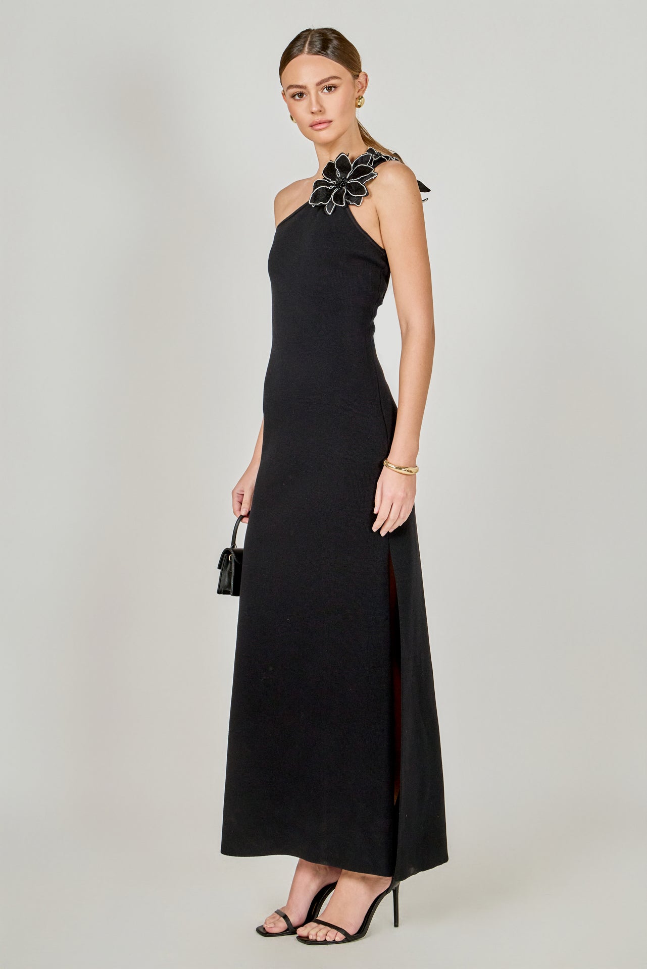 Flower Detail One Shoulder Knit Maxi Dress