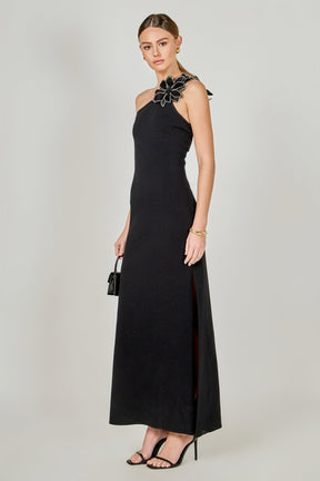 Flower Detail One Shoulder Knit Maxi Dress