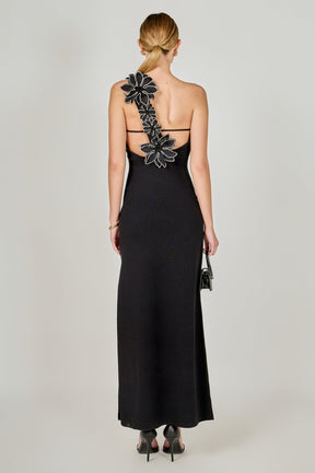 Flower Detail One Shoulder Knit Maxi Dress