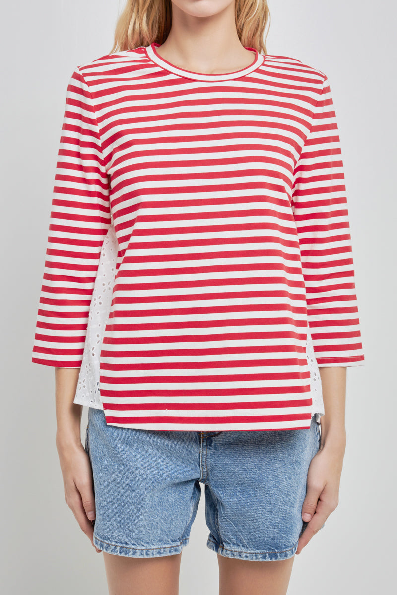 ENGLISH FACTORY - Eyelet Combo Striped Top - T-SHIRTS available at Objectrare