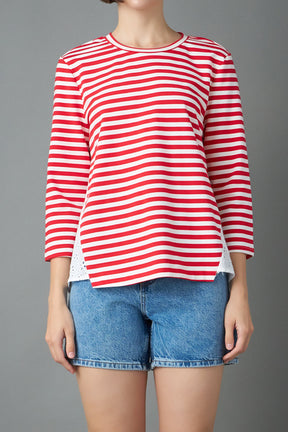ENGLISH FACTORY - Eyelet Combo Striped Top - T-SHIRTS available at Objectrare