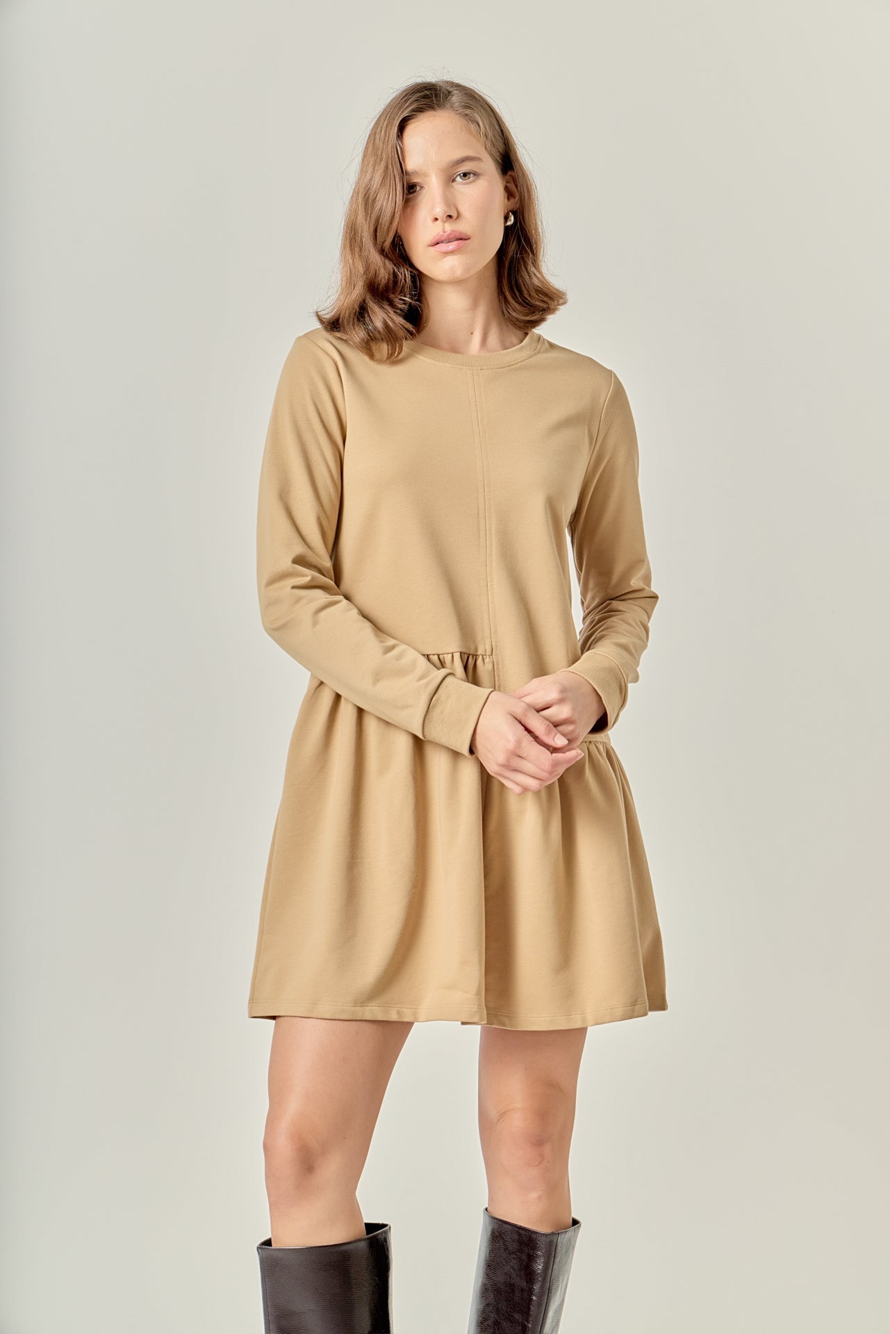 ENGLISH FACTORY - Knit Unbalanced Seam Dress - Tan - DRESSES available at Objectrare