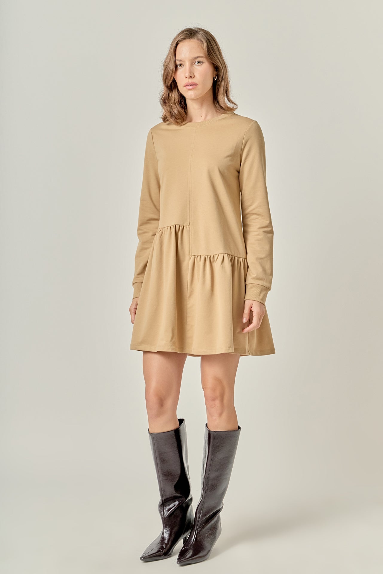 ENGLISH FACTORY - Knit Unbalanced Seam Dress - Tan - DRESSES available at Objectrare