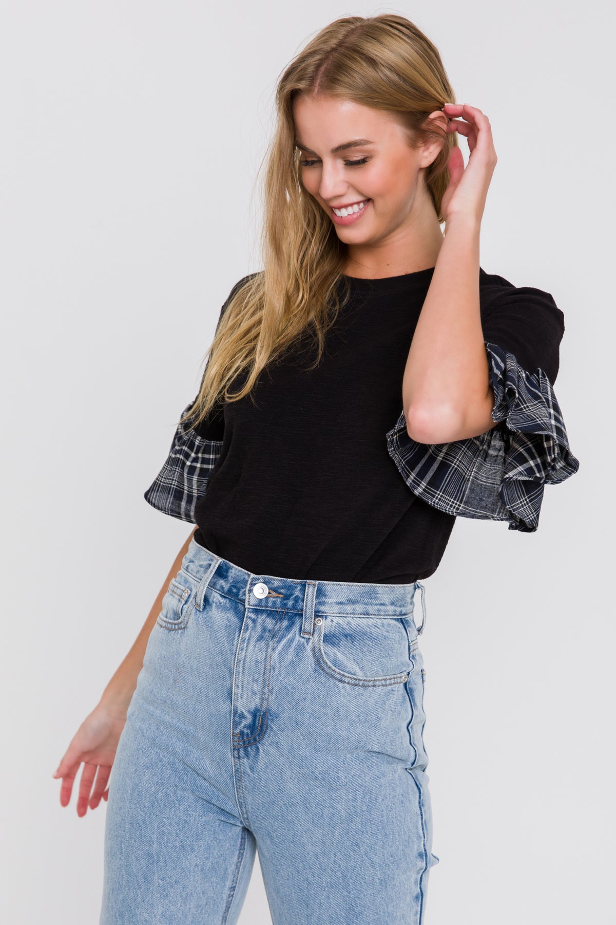 Plaid Ruffle Sleeve Tee