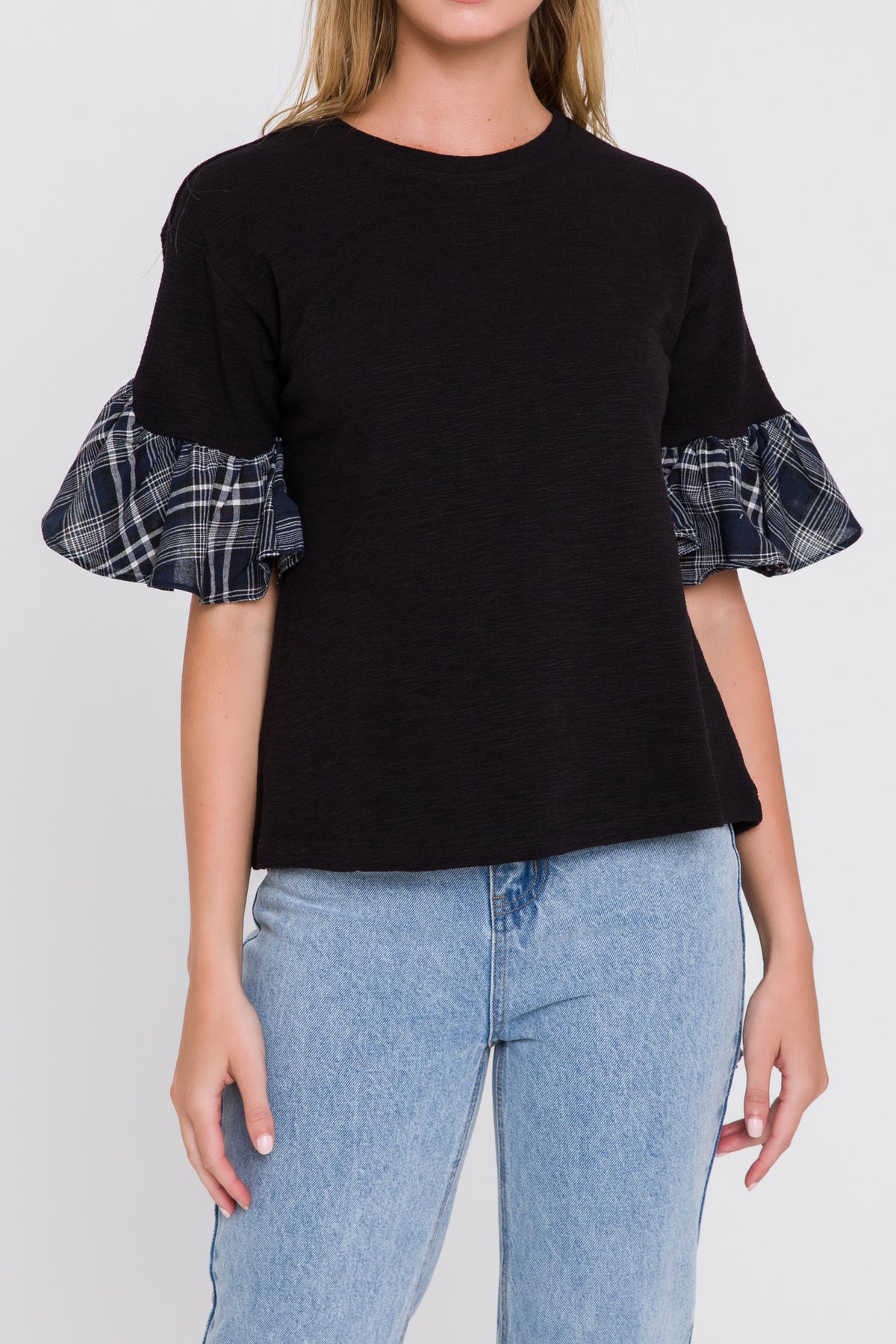 Plaid Ruffle Sleeve Tee