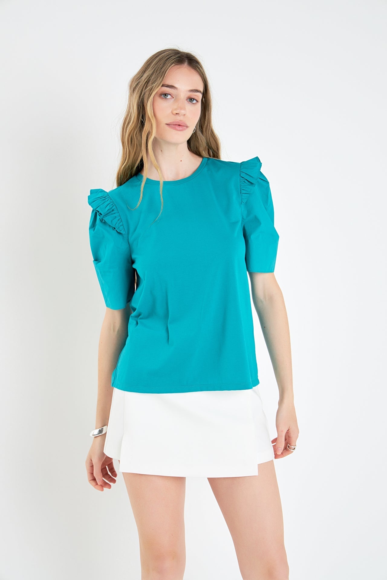 ENGLISH FACTORY - English Factory - Mini Ruffle Puff Sleeve T-Shirt - TOPS available at Objectrare