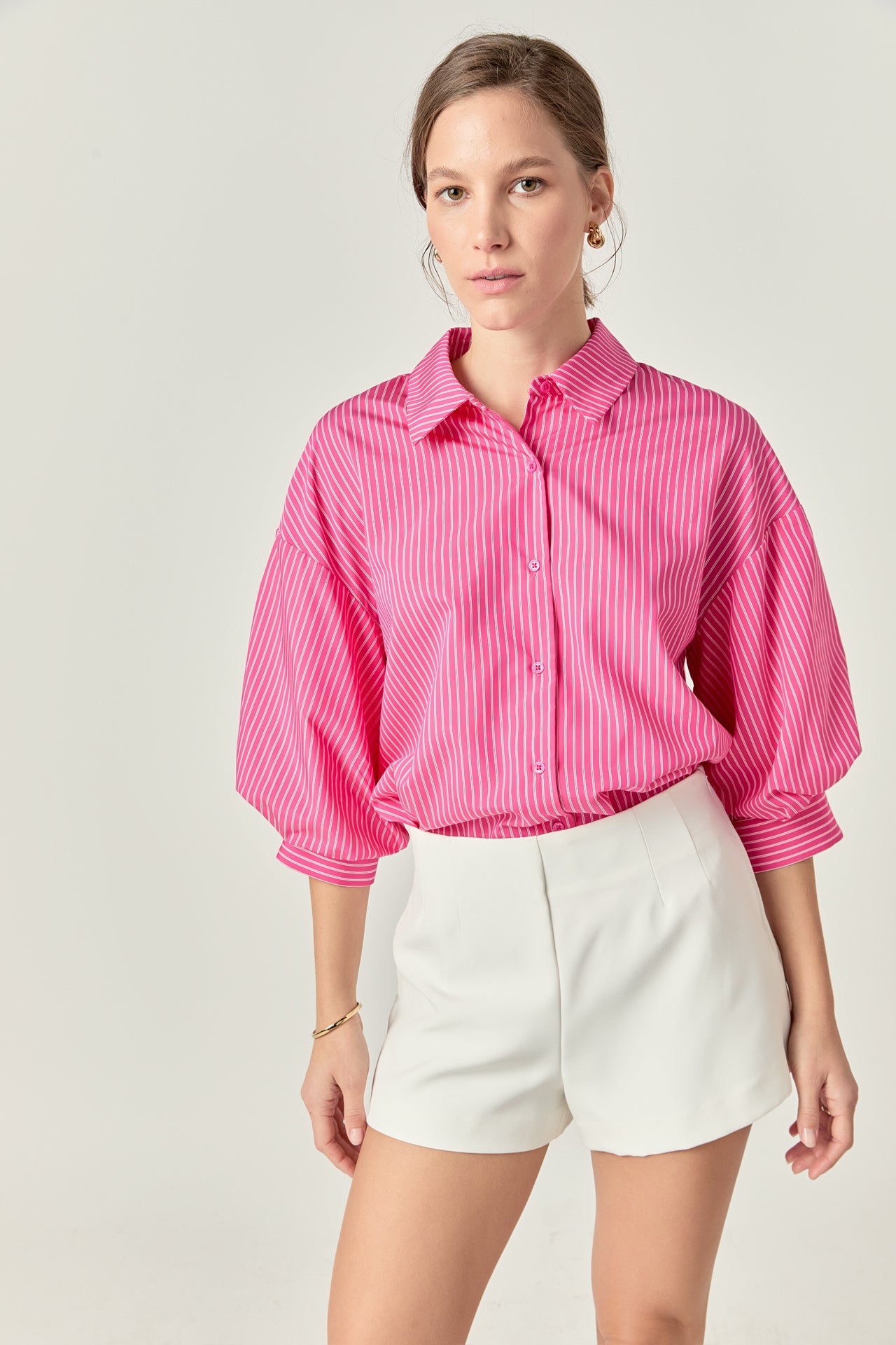 ENGLISH FACTORY - Striped Balloon Sleeve Collared Shirt - BLOUSES available at Objectrare