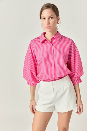 ENGLISH FACTORY - Striped Balloon Sleeve Collared Shirt - BLOUSES available at Objectrare