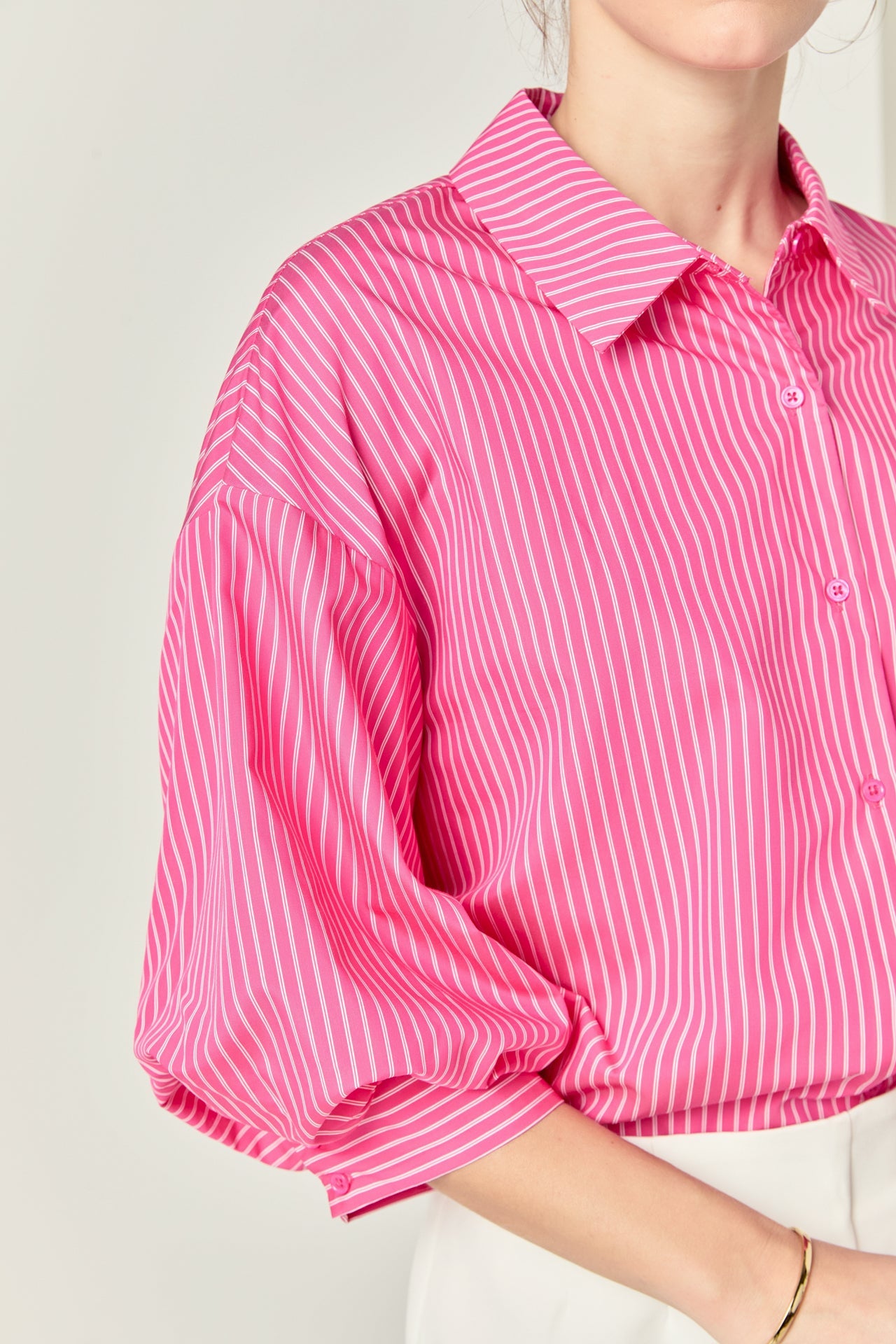 ENGLISH FACTORY - Striped Balloon Sleeve Collared Shirt - BLOUSES available at Objectrare
