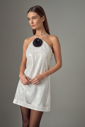 ENDLESS ROSE - Aimee Sequin Halter Mini Dress with Florette - DRESSES available at Objectrare