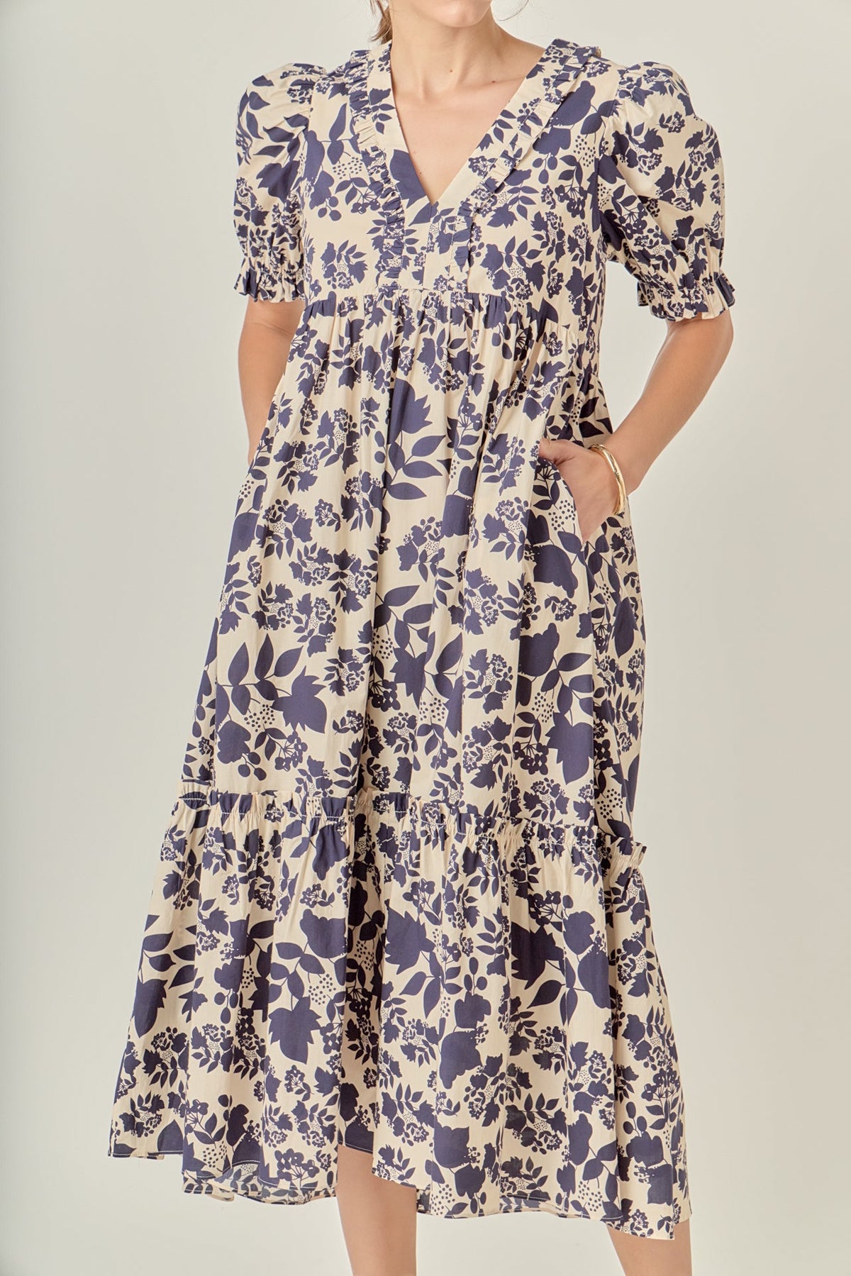ENGLISH FACTORY - V-Neck Floral Puff Sleeve Tiered Midi Dress - DRESSES available at Objectrare
