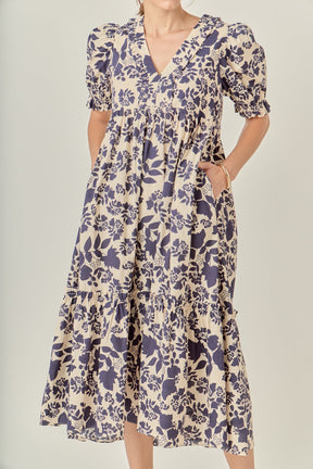 ENGLISH FACTORY - V-Neck Floral Puff Sleeve Tiered Midi Dress - DRESSES available at Objectrare