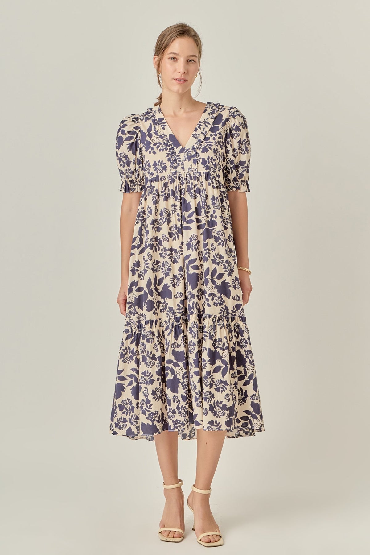 ENGLISH FACTORY - V-Neck Floral Puff Sleeve Tiered Midi Dress - DRESSES available at Objectrare