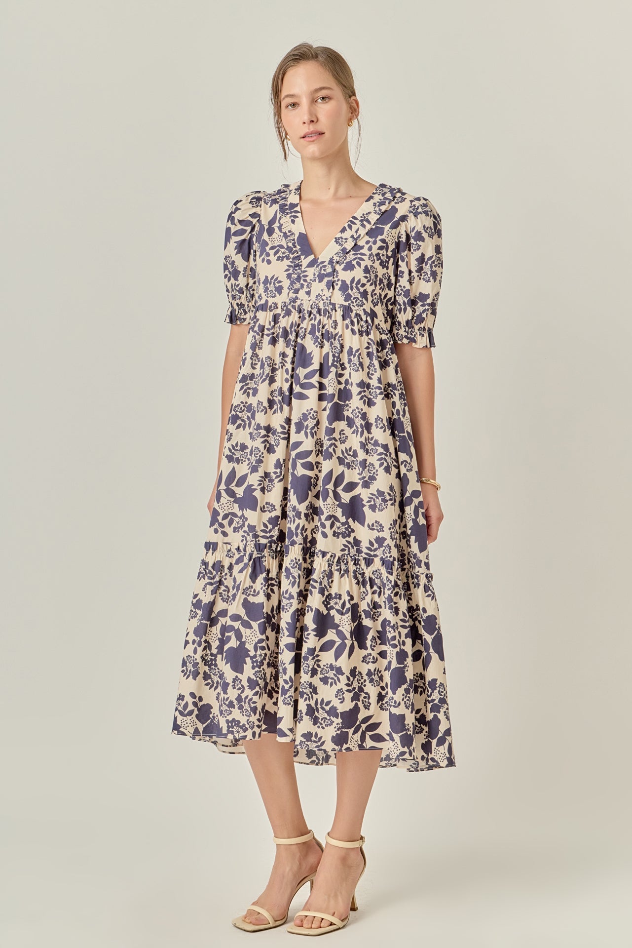 ENGLISH FACTORY - V-Neck Floral Puff Sleeve Tiered Midi Dress - DRESSES available at Objectrare