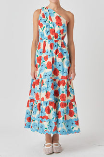 Floral One Shoulder Ric Rac Long Dress