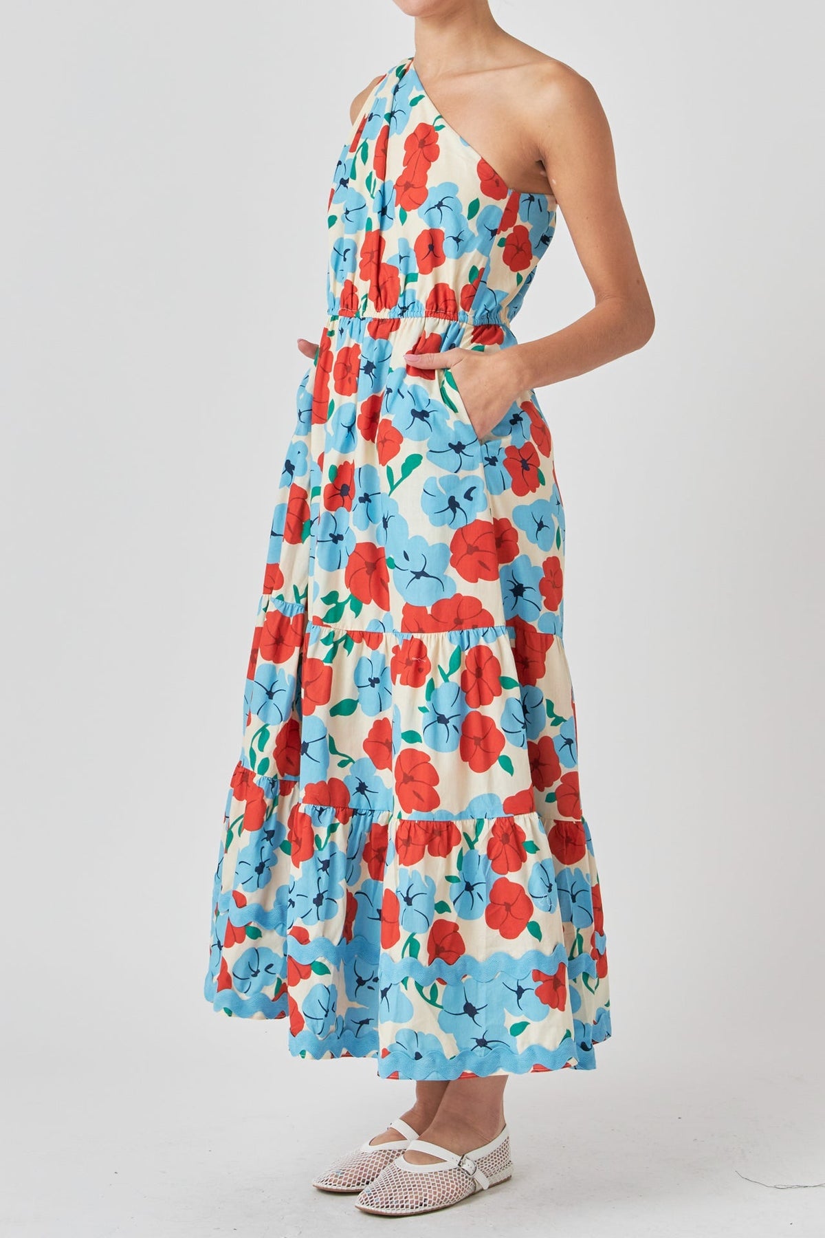 Floral One Shoulder Ric Rac Long Dress
