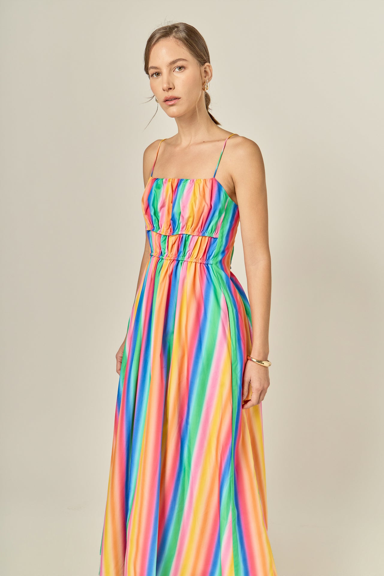 wonderland rainbow striped maxi dress Loft Rainbow Stripe Linen Cotton Strappy Maxi Dress Size Large Macadamia Butter Women's