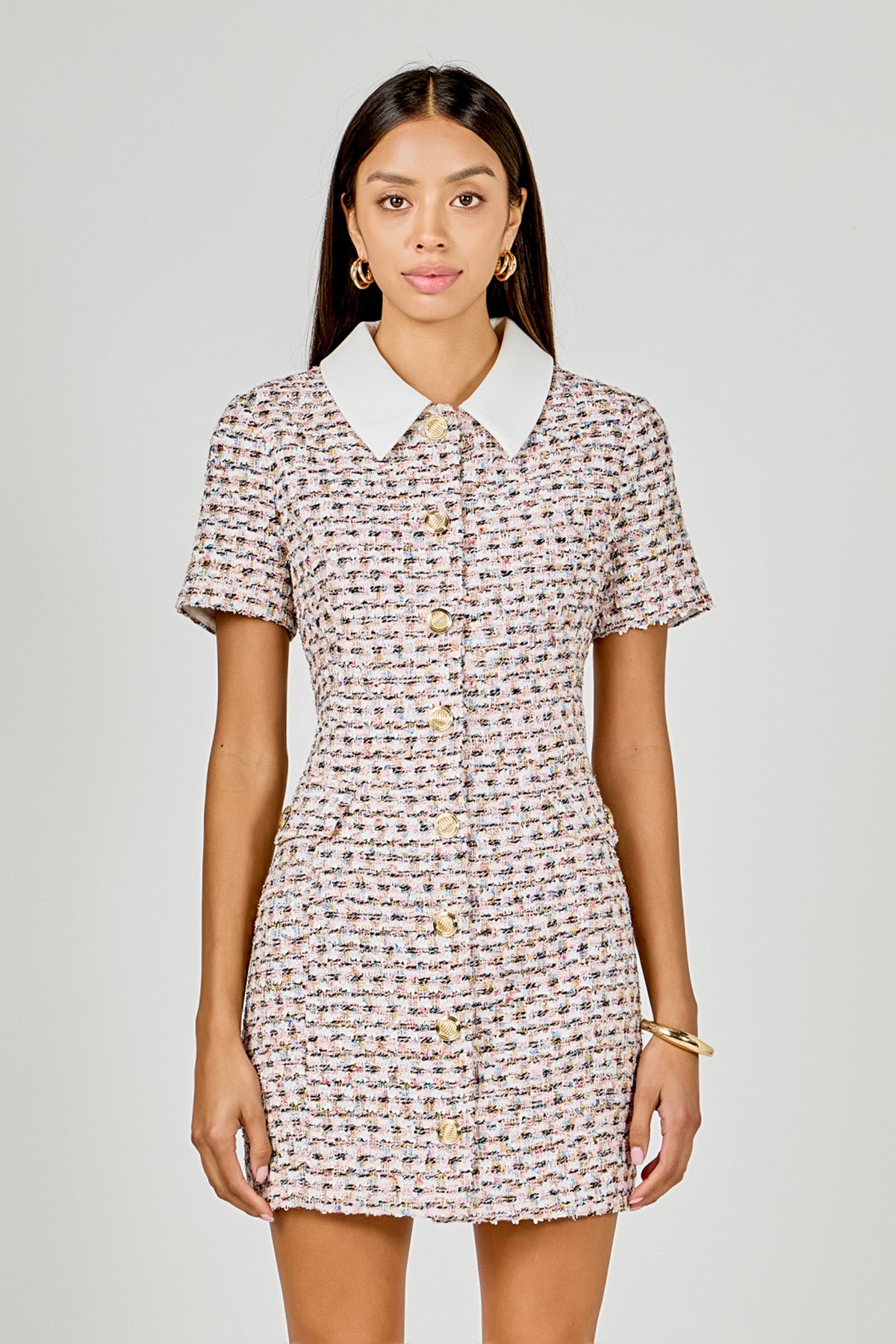 ENDLESS ROSE - Multi Tweed Collared Short Sleeve Mini Dress - DRESSES available at Objectrare