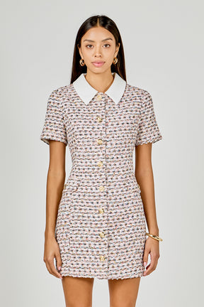 ENDLESS ROSE - Multi Tweed Collared Short Sleeve Mini Dress - DRESSES available at Objectrare