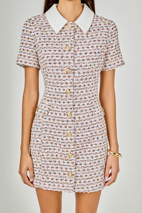 ENDLESS ROSE - Multi Tweed Collared Short Sleeve Mini Dress - DRESSES available at Objectrare