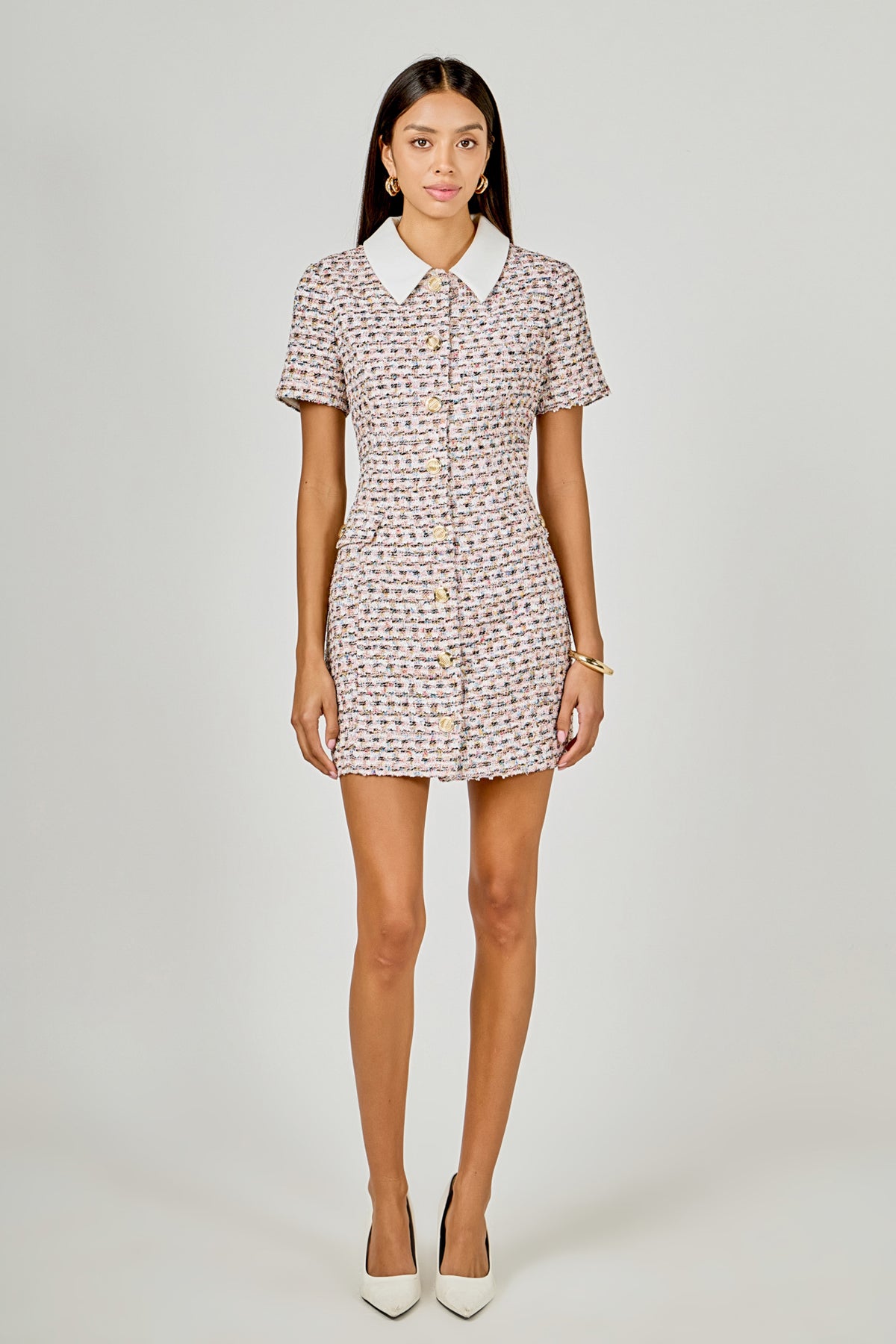 ENDLESS ROSE - Multi Tweed Collared Short Sleeve Mini Dress - DRESSES available at Objectrare
