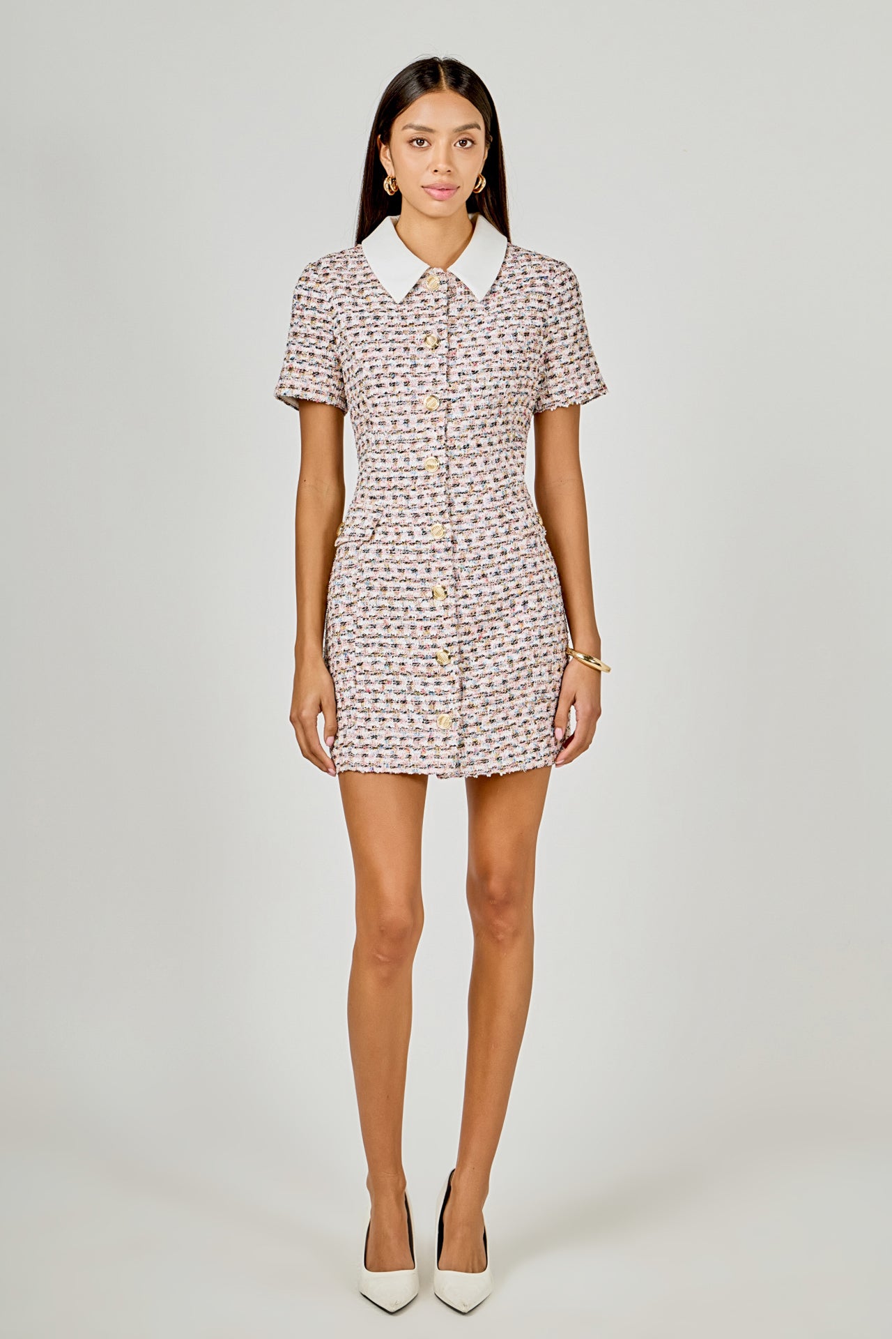 ENDLESS ROSE - Multi Tweed Collared Short Sleeve Mini Dress - DRESSES available at Objectrare