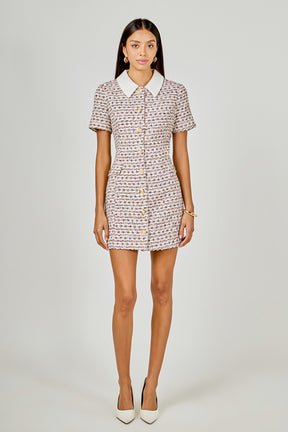Multi Tweed Collared Short Sleeve Mini Dress PINK Multi / XL Multi Tweed Collared Short Sleeve Mini Dress PINK Multi / XL
