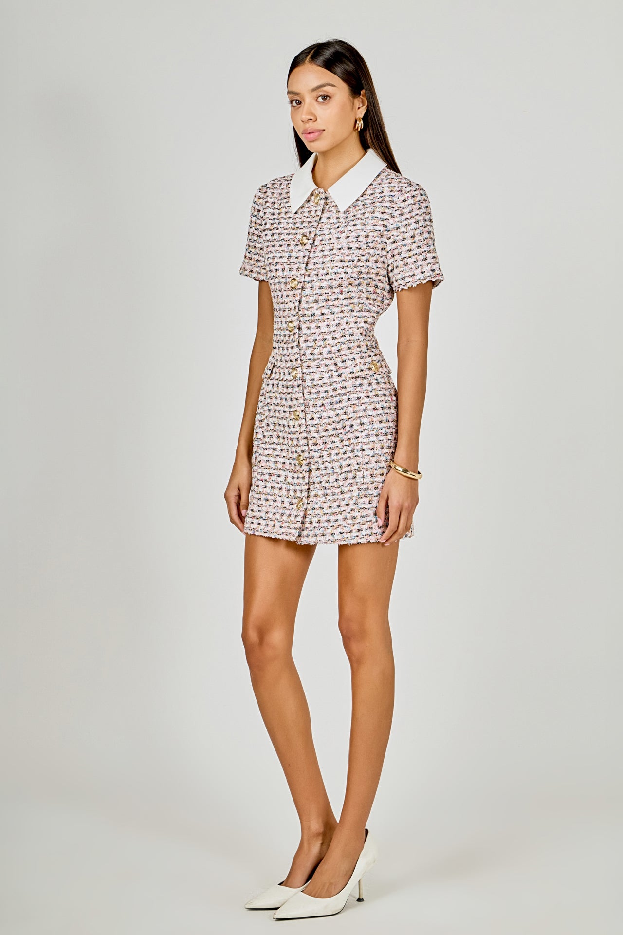 ENDLESS ROSE - Multi Tweed Collared Short Sleeve Mini Dress - DRESSES available at Objectrare
