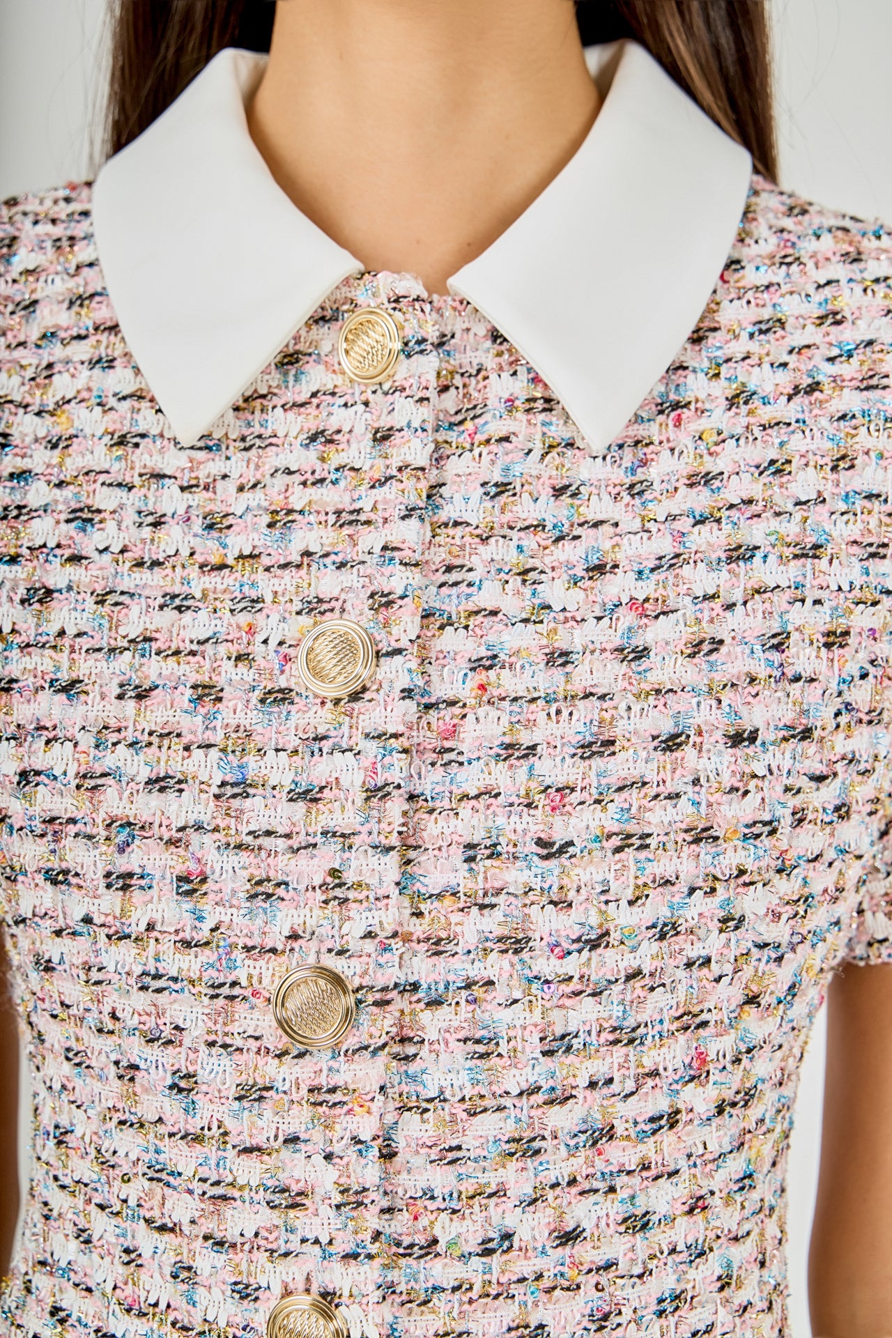 ENDLESS ROSE - Multi Tweed Collared Short Sleeve Mini Dress - DRESSES available at Objectrare