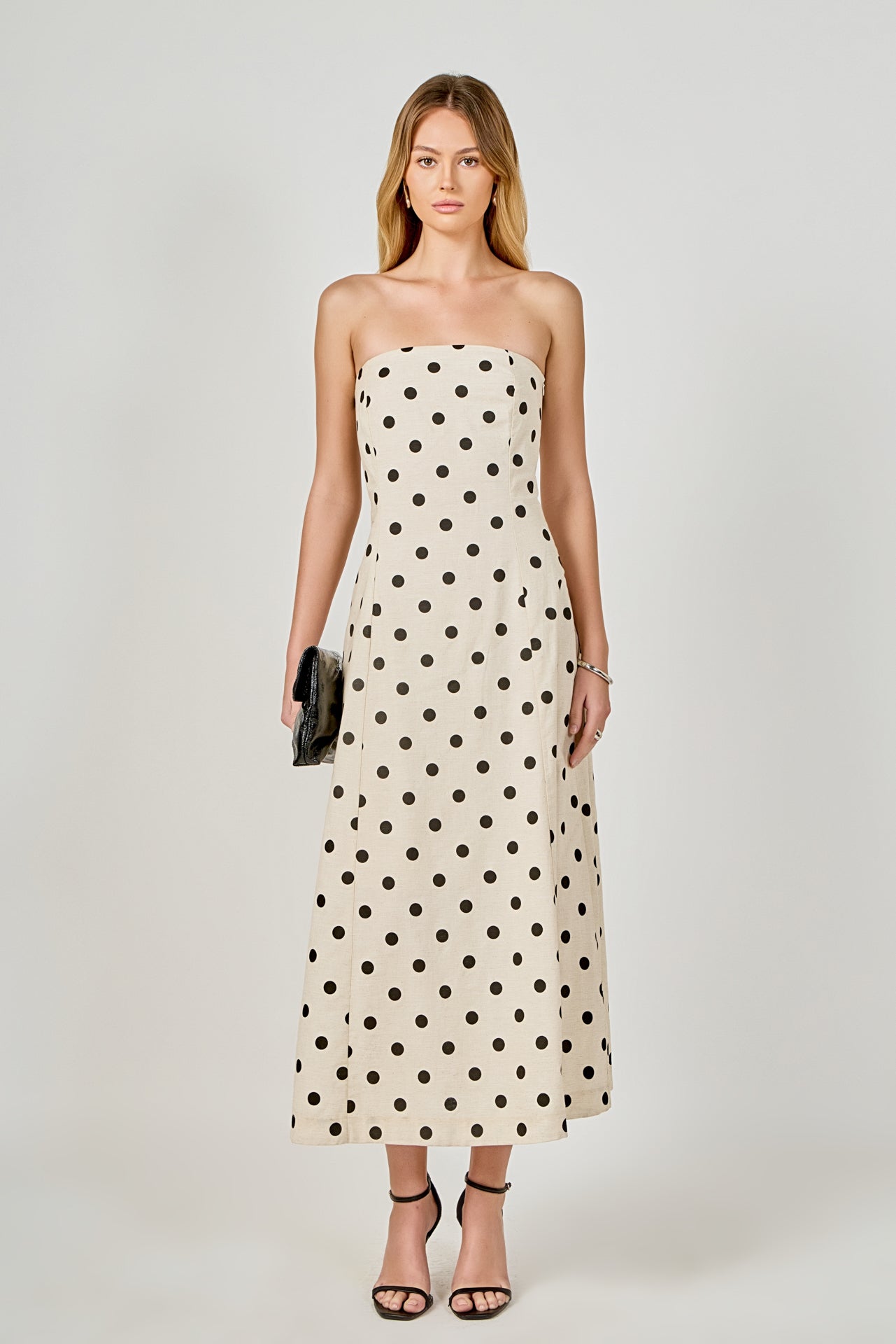 Polka Dot Linen Strapless Midi Dress