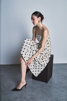 Polka Dot Linen Strapless Midi Dress