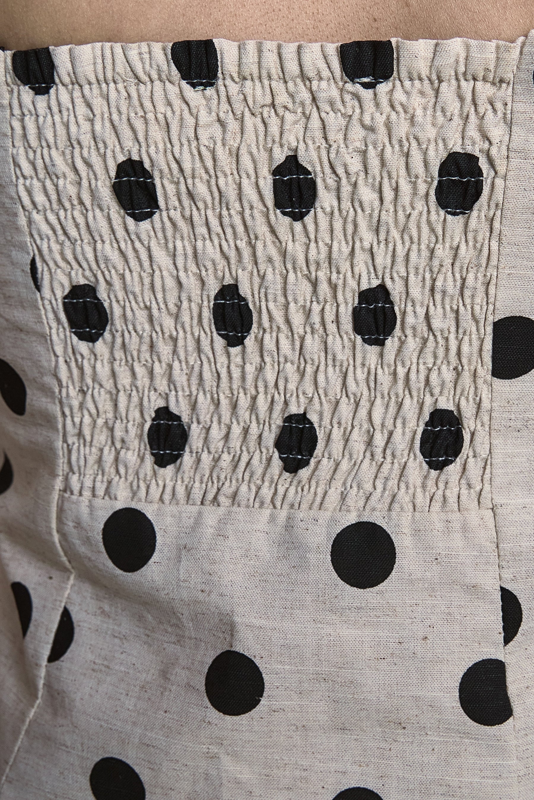 Polka Dot Linen Strapless Midi Dress