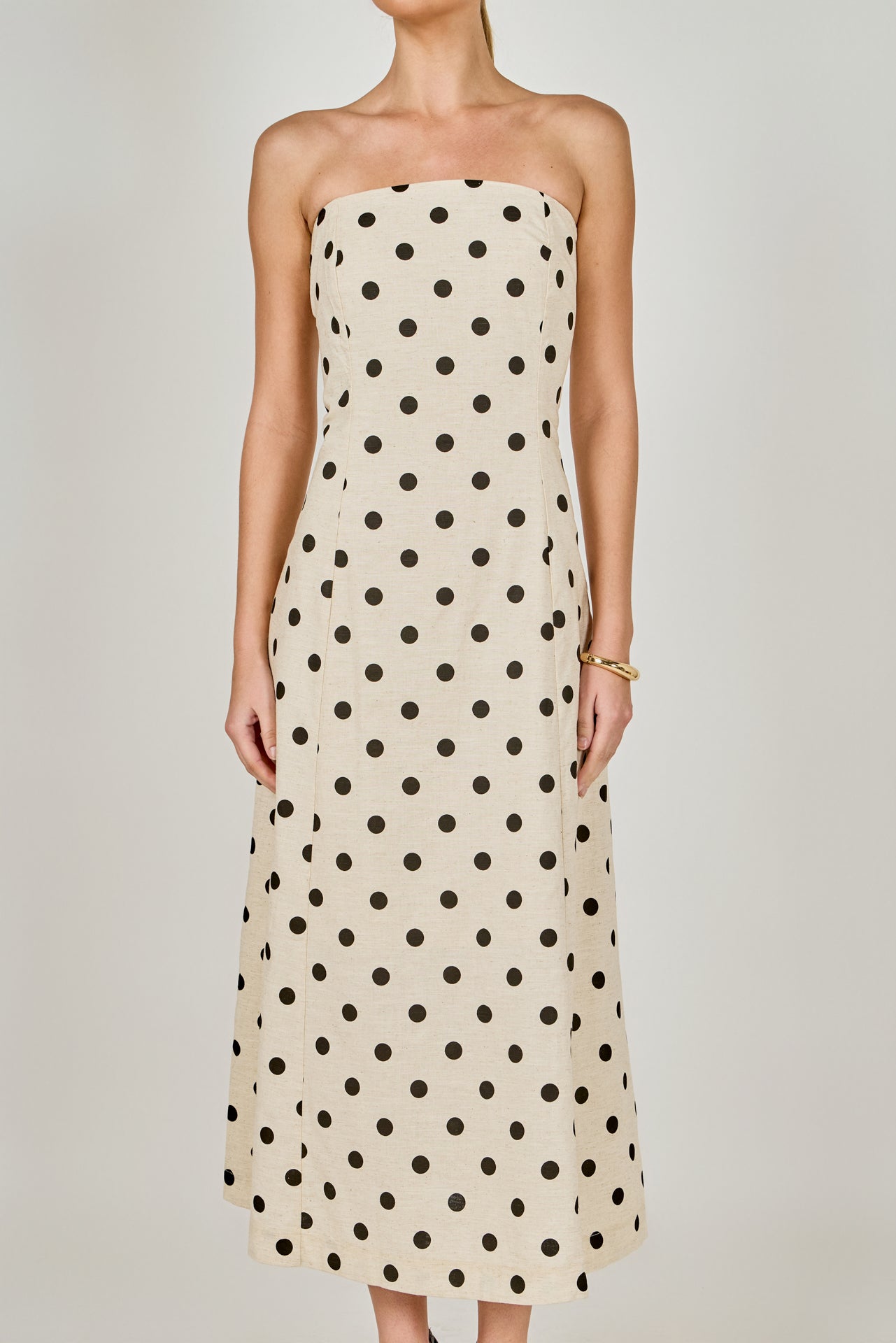 Polka Dot Linen Strapless Midi Dress