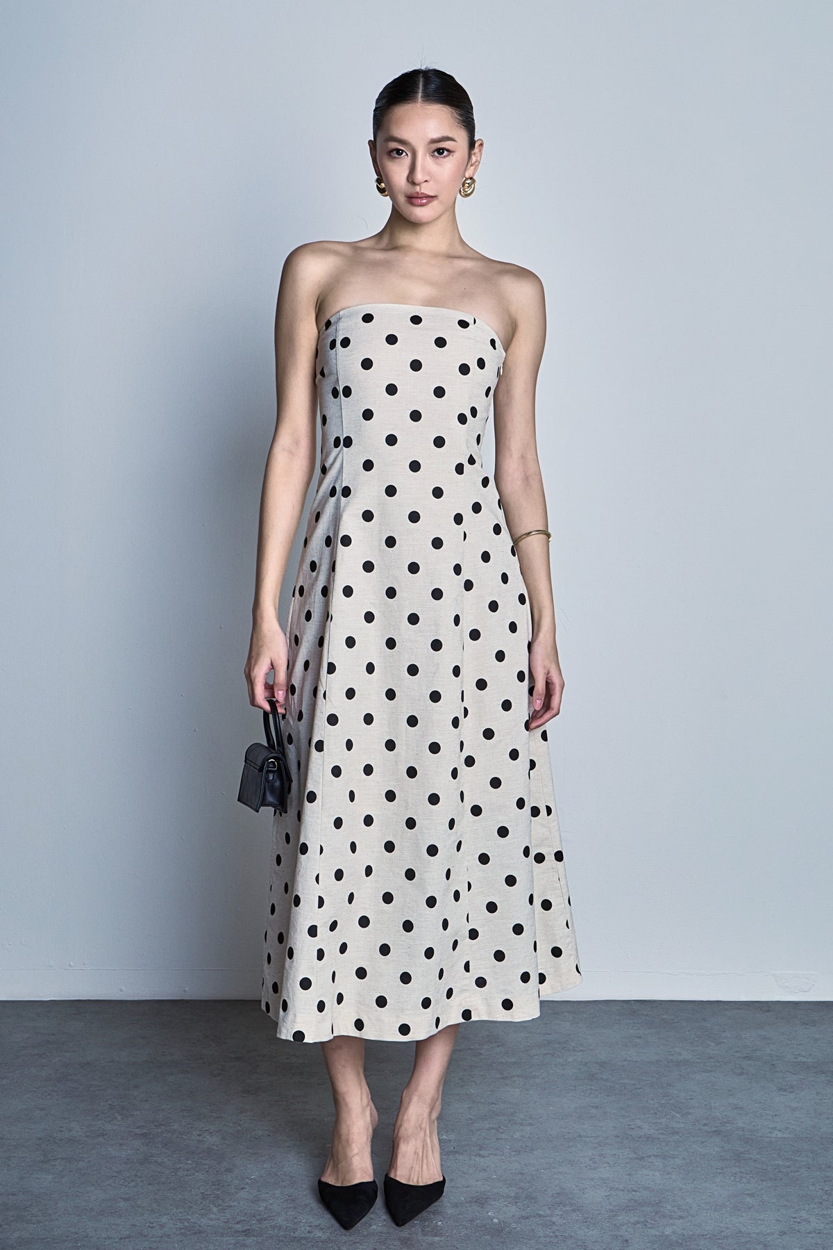 Polka Dot Linen Strapless Midi Dress