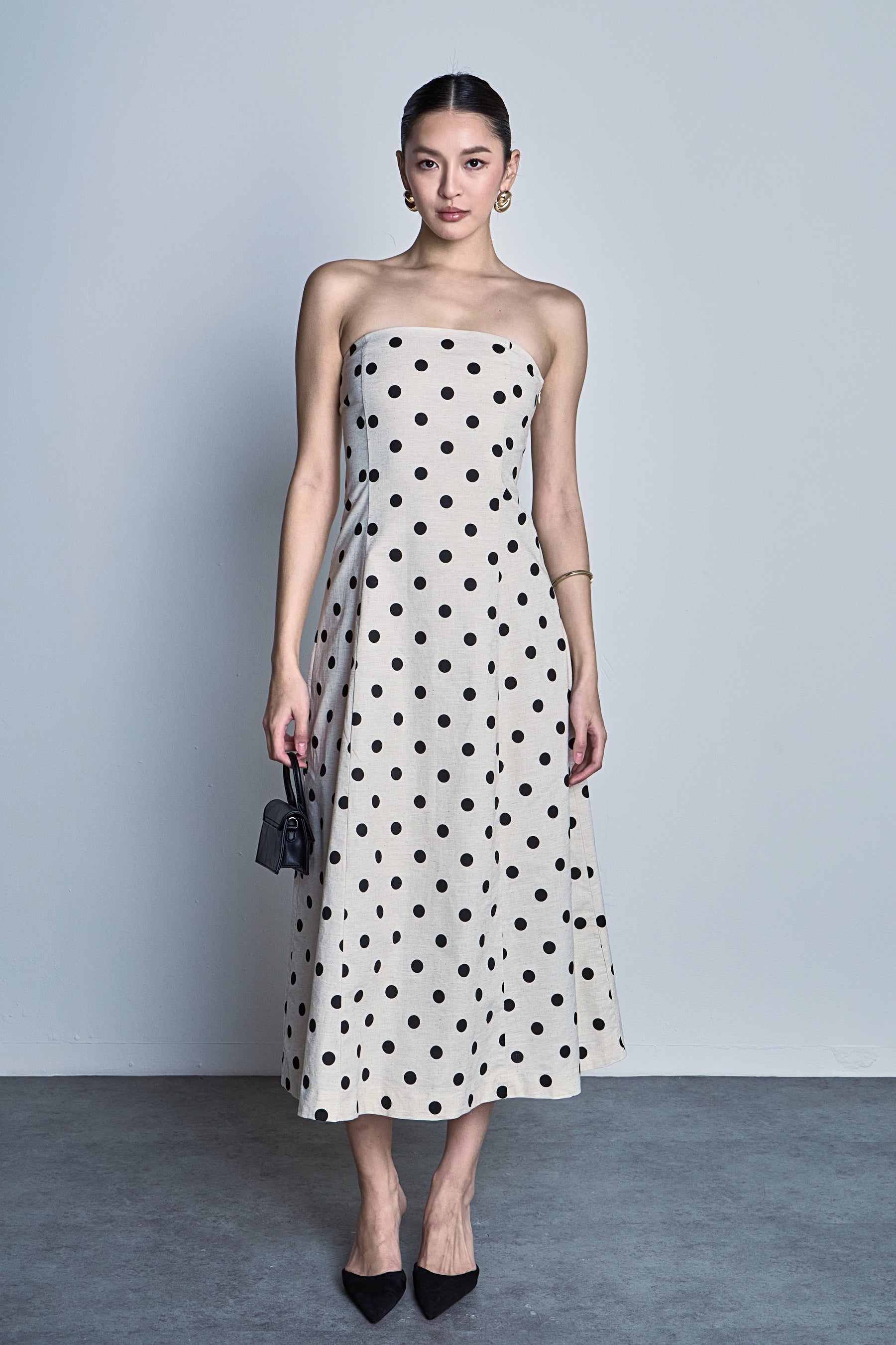 Polka Dot Linen Strapless Midi Dress