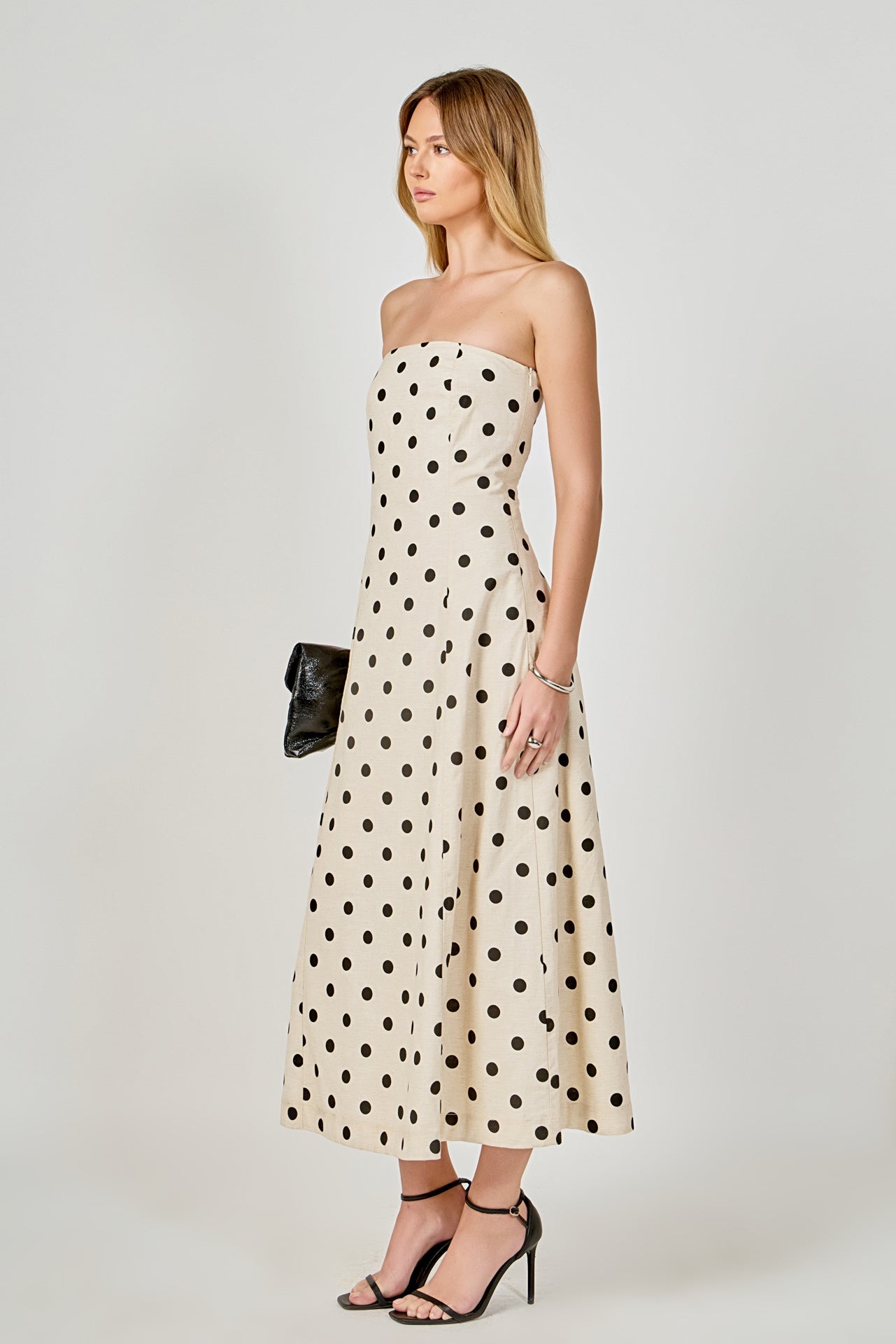 Polka Dot Linen Strapless Midi Dress