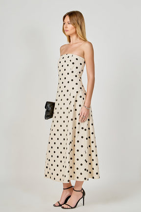 Polka Dot Linen Strapless Midi Dress