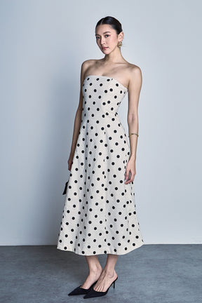 Polka Dot Linen Strapless Midi Dress
