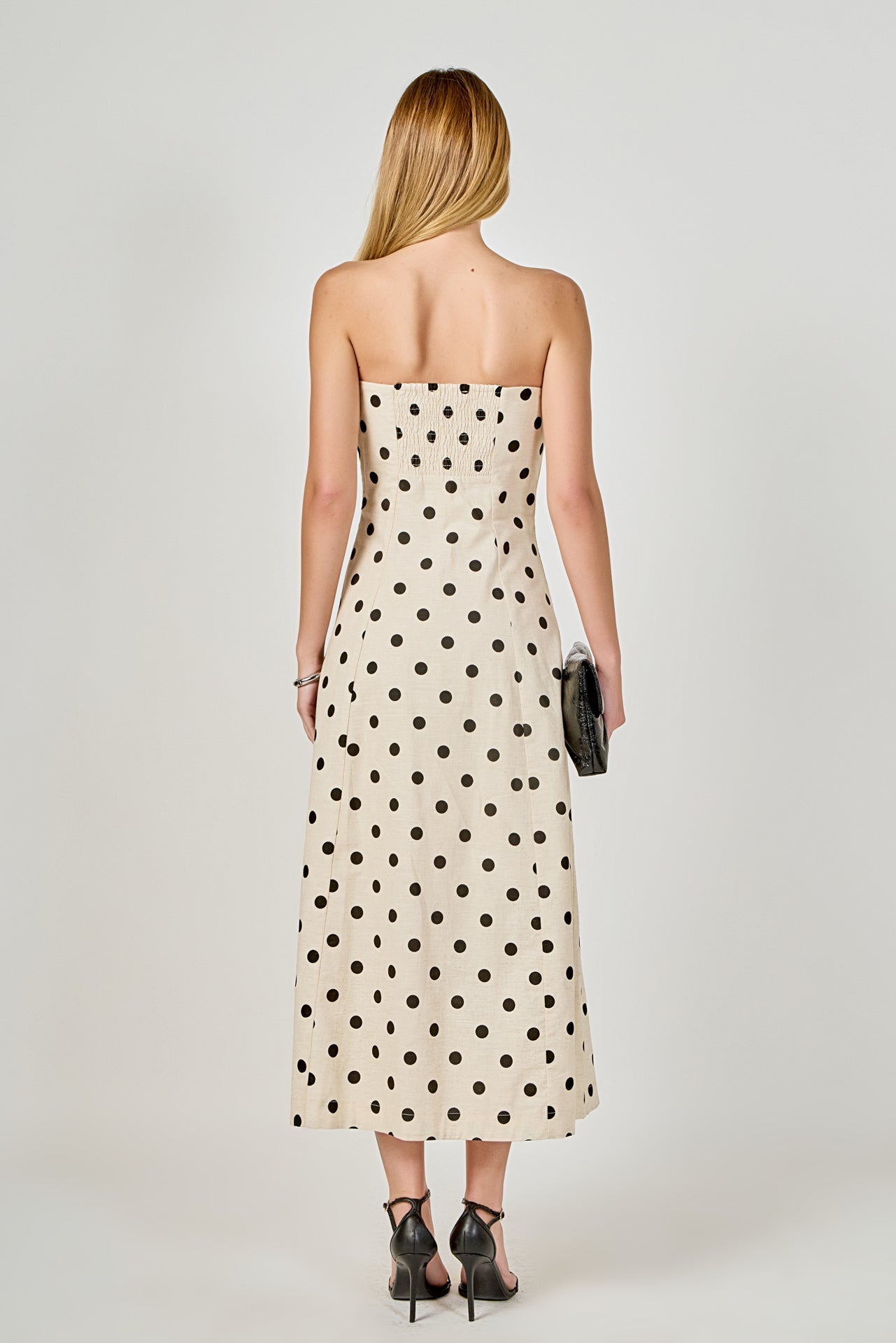 Polka Dot Linen Strapless Midi Dress